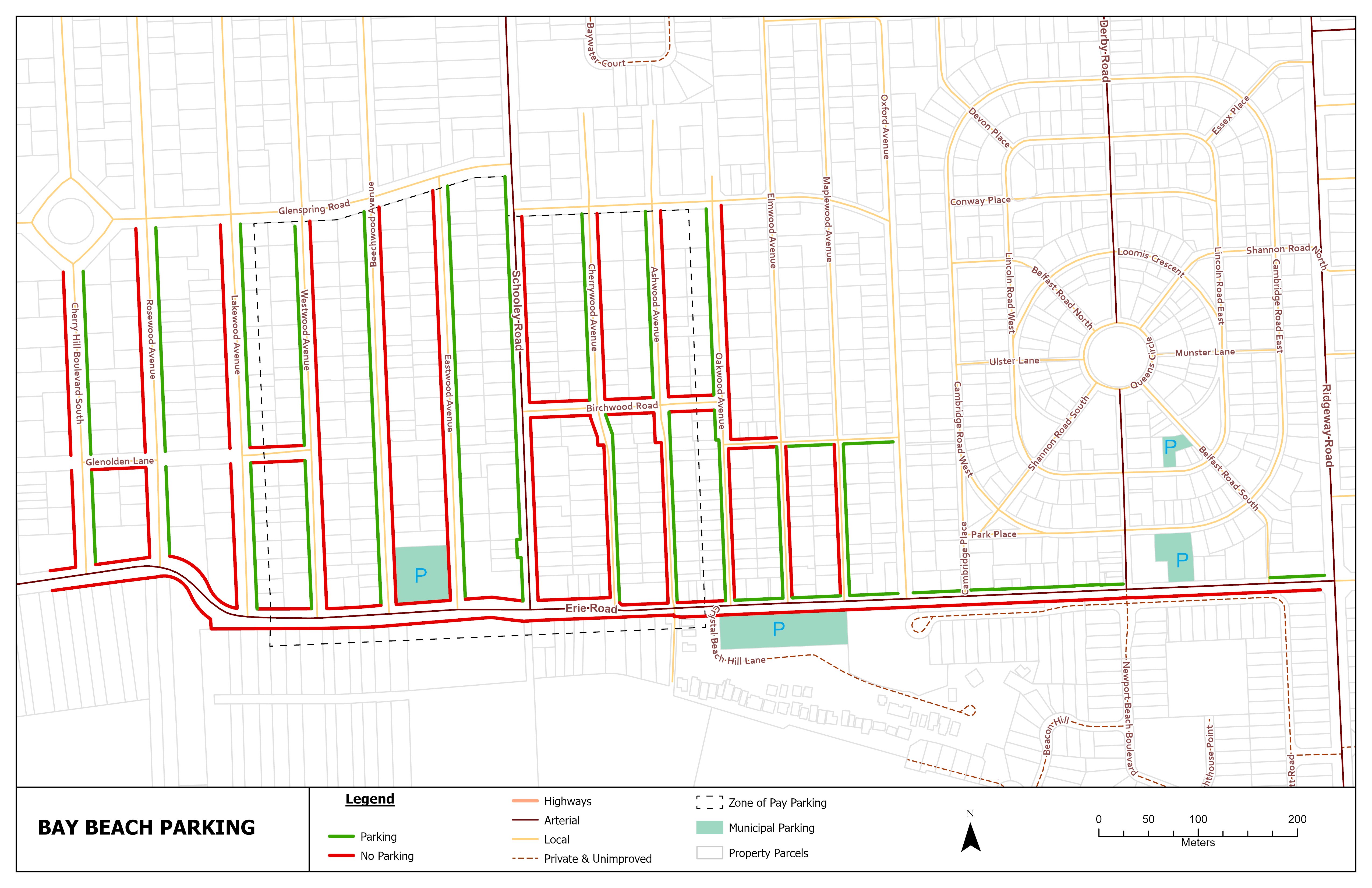 Map of Crystal Beach showing the Municipal Parking Lots and parking restrictions.